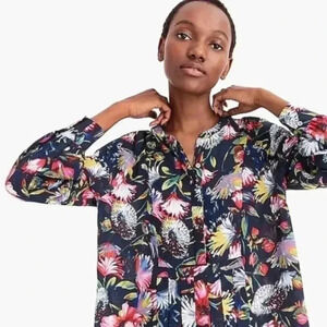 J. Crew Silk Pleated Floral peplum popover Blouse Top Navy Blue Multicol…